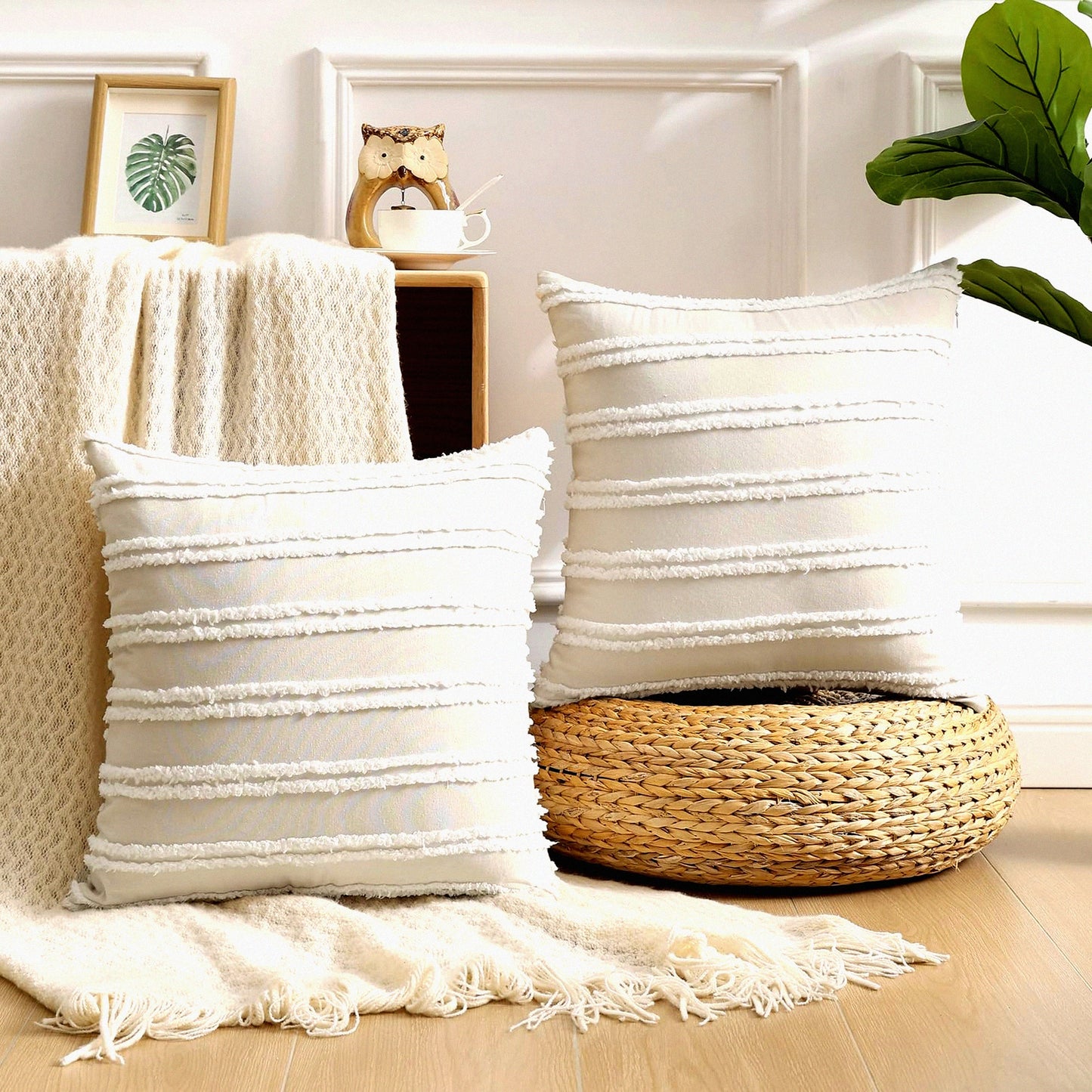 Neutral Stripe Boho Linen Pillow Covers - Set of 2, 26X26 Beige Decorative Throw Pillow Covers for Couch Sofa Living Room - Soft Cotton Blend Fabric