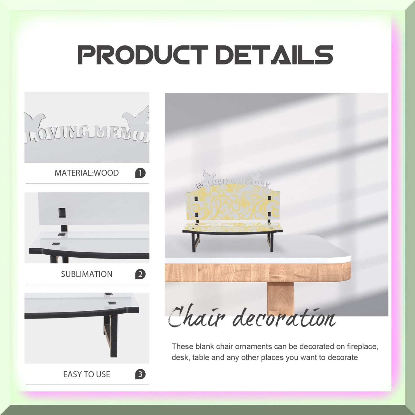 3pcs Sublimation Blank Chair Ornaments with White Picture Frame