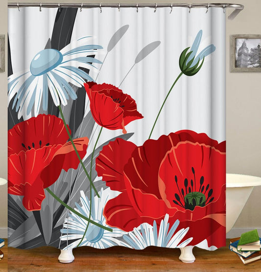 Abstract Black, White, Red Flower Shower Curtain Set 72x72 Inches