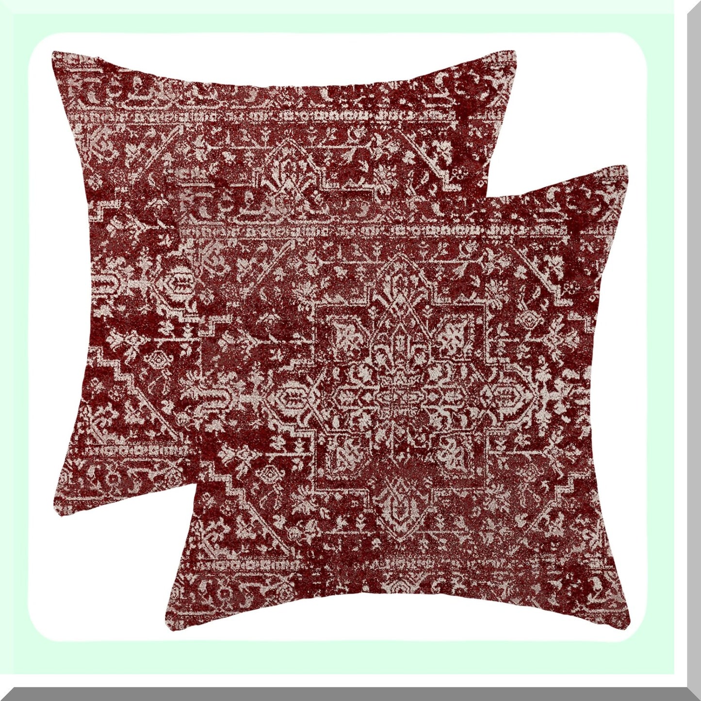 Burgandy Boho Linen Pillow Covers Set - Ethnic Farmhouse Decorative Throw Cushions 18x18 for Sofa Couch Outdoor - Red Carpet Pattern