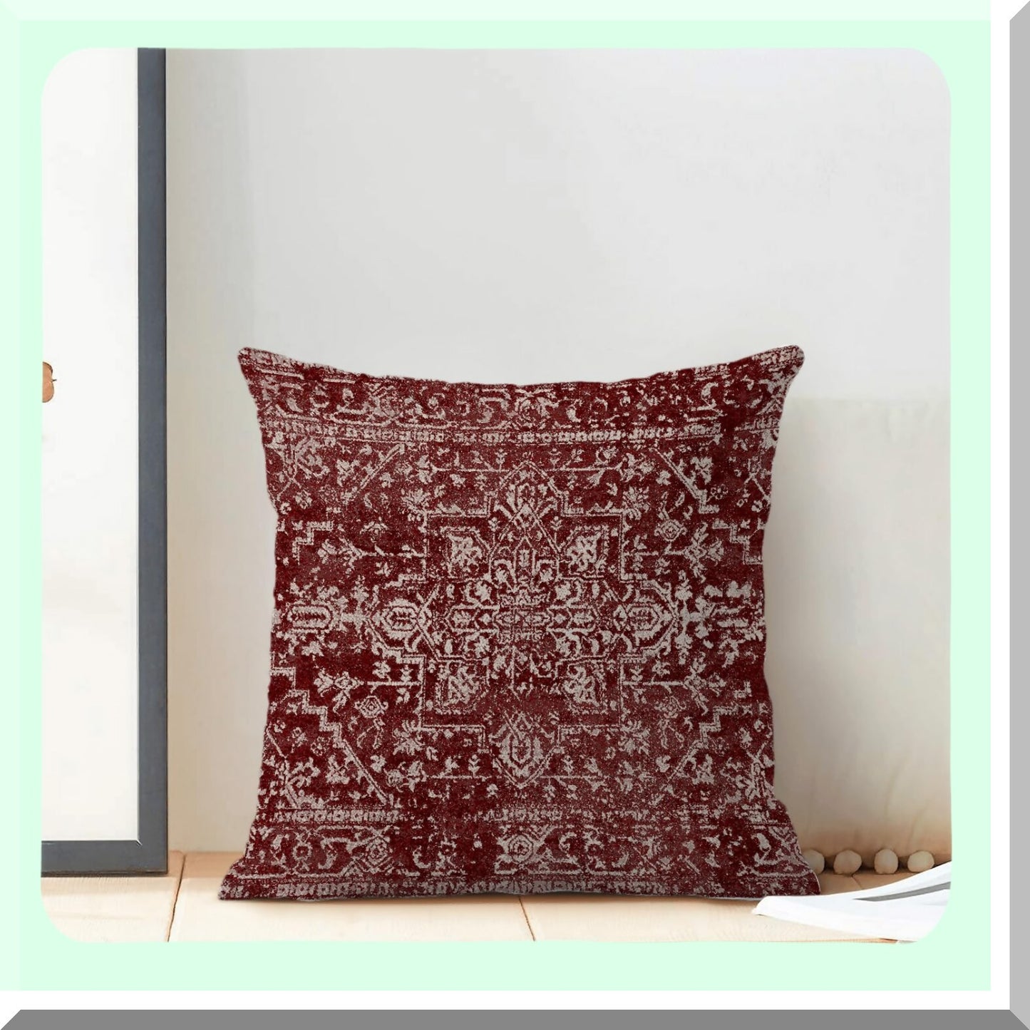 Burgandy Boho Linen Pillow Covers Set - Ethnic Farmhouse Decorative Throw Cushions 18x18 for Sofa Couch Outdoor - Red Carpet Pattern