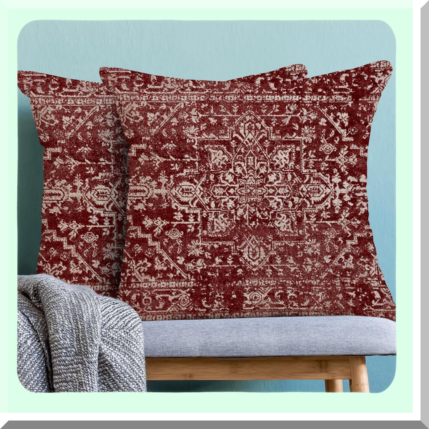 Burgandy Boho Linen Pillow Covers Set - Ethnic Farmhouse Decorative Throw Cushions 18x18 for Sofa Couch Outdoor - Red Carpet Pattern