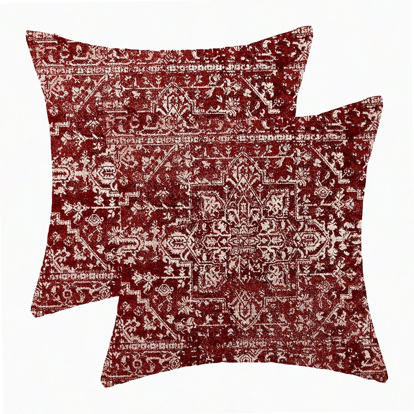 Burgandy Boho Linen Pillow Covers Set - Ethnic Farmhouse Decorative Throw Cushions 18x18 for Sofa Couch Outdoor - Red Carpet Pattern