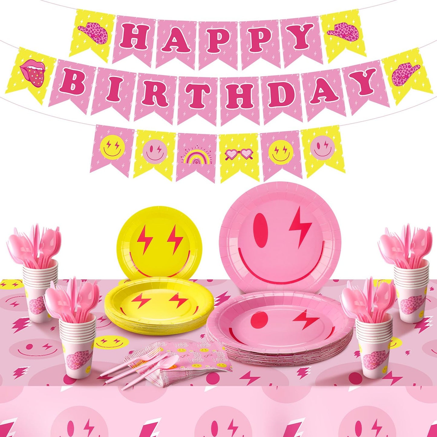 Preppy Smile Party Pack - 175 Piece Birthday Decorations Set for Girls, Includes Plates, Napkins, Tablecloth, and Happy Birthday Banner