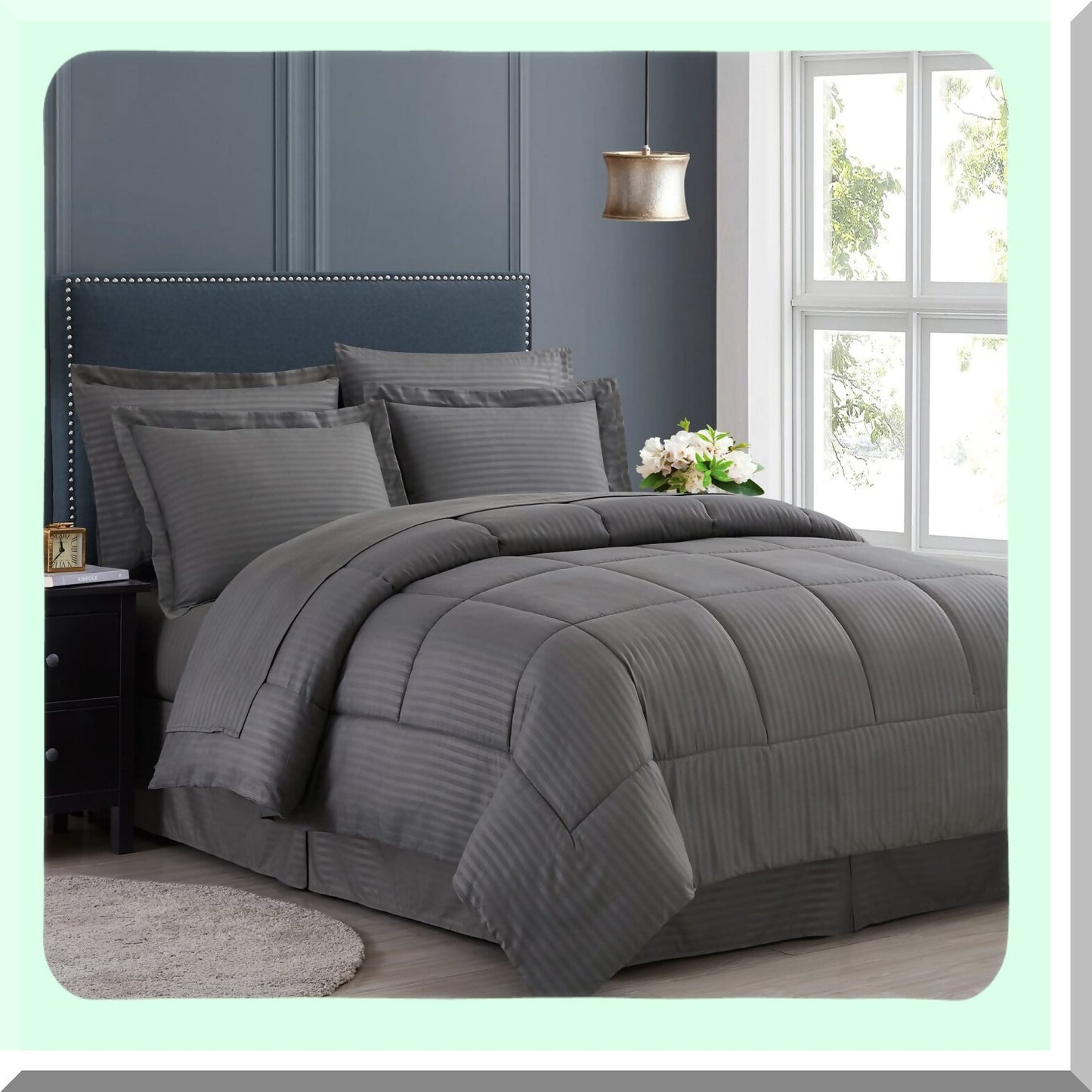 Luxury Gray Bedding Bundle - 8 Piece Comforter Set with Bed Skirt, Sheets, Pillowcases, Shams - King/Queen Size Cozy Bed in a Bag