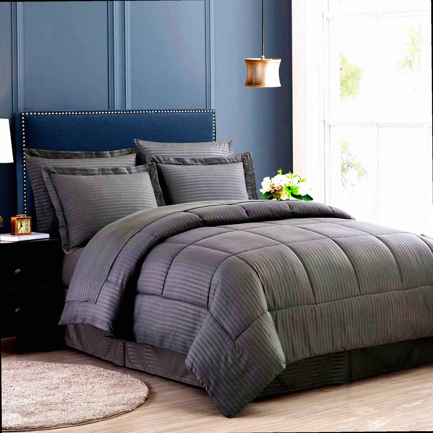 Luxury Gray Bedding Bundle - 8 Piece Comforter Set with Bed Skirt, Sheets, Pillowcases, Shams - King/Queen Size Cozy Bed in a Bag