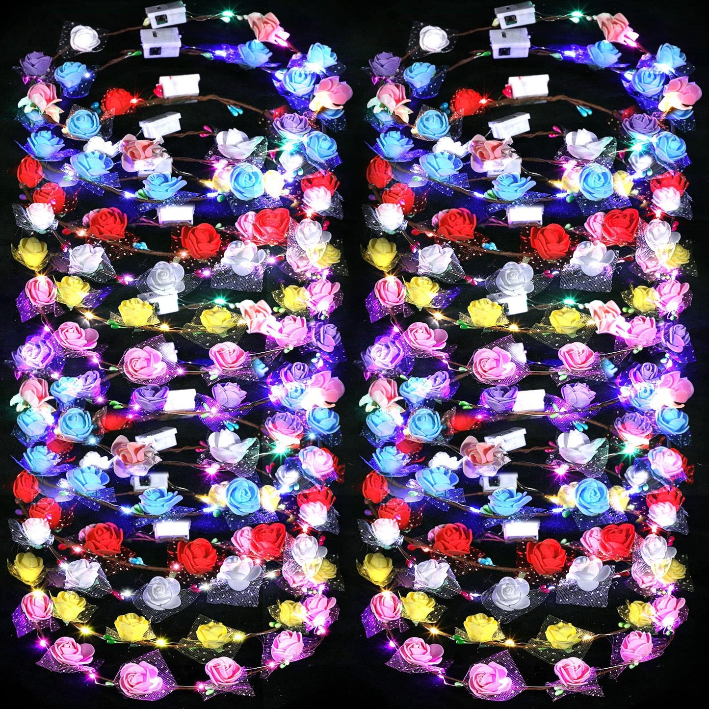 Glowing Rose Headband Set - LED Flower Crown Collection for Women, Girls, Kids - Party Favor Pack with 7 Vibrant Colors - Birthday, Wedding, Mardi Gras, Beach Party Accessories