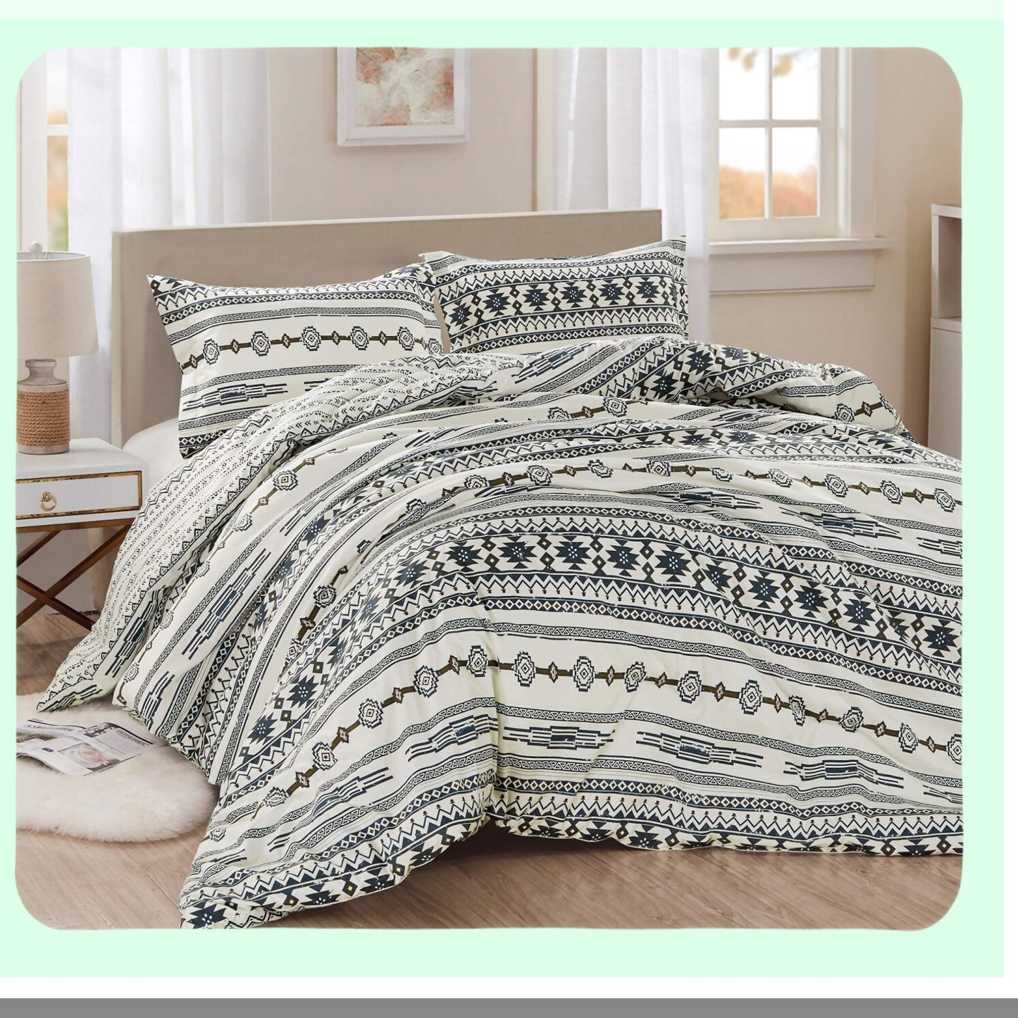 Tribal Lodge Oversized Comforter Set - Ivory Navy Brown Red Microfiber Reversible Bedding - Southwestern 3-Piece Size
