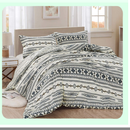 Tribal Lodge Oversized Comforter Set - Ivory Navy Brown Red Microfiber Reversible Bedding - Southwestern 3-Piece Size