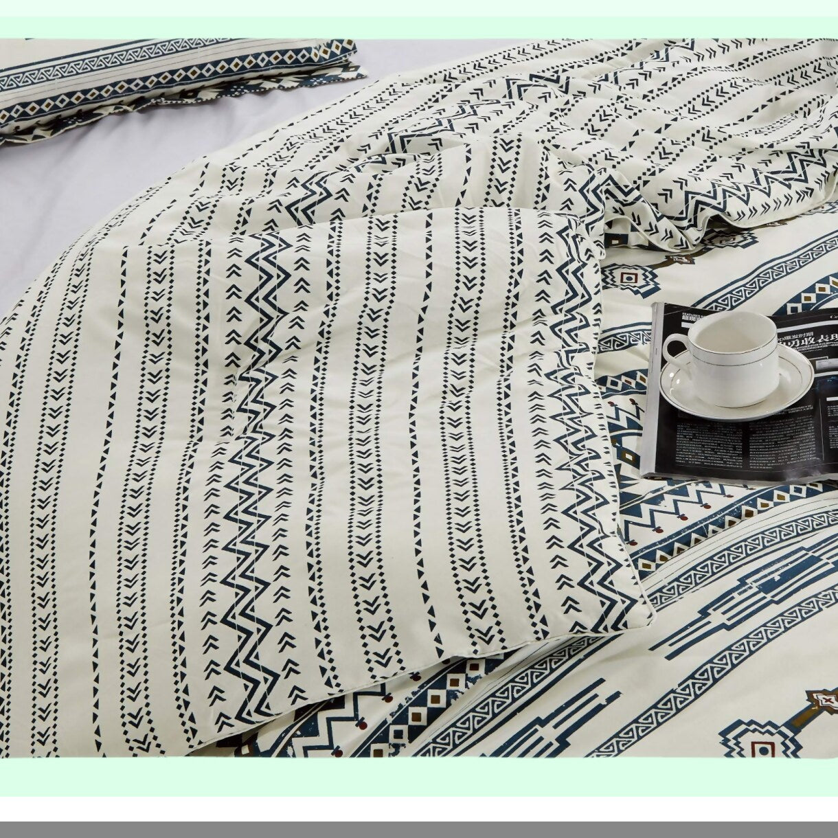 Tribal Lodge Oversized Comforter Set - Ivory Navy Brown Red Microfiber Reversible Bedding - Southwestern 3-Piece Size