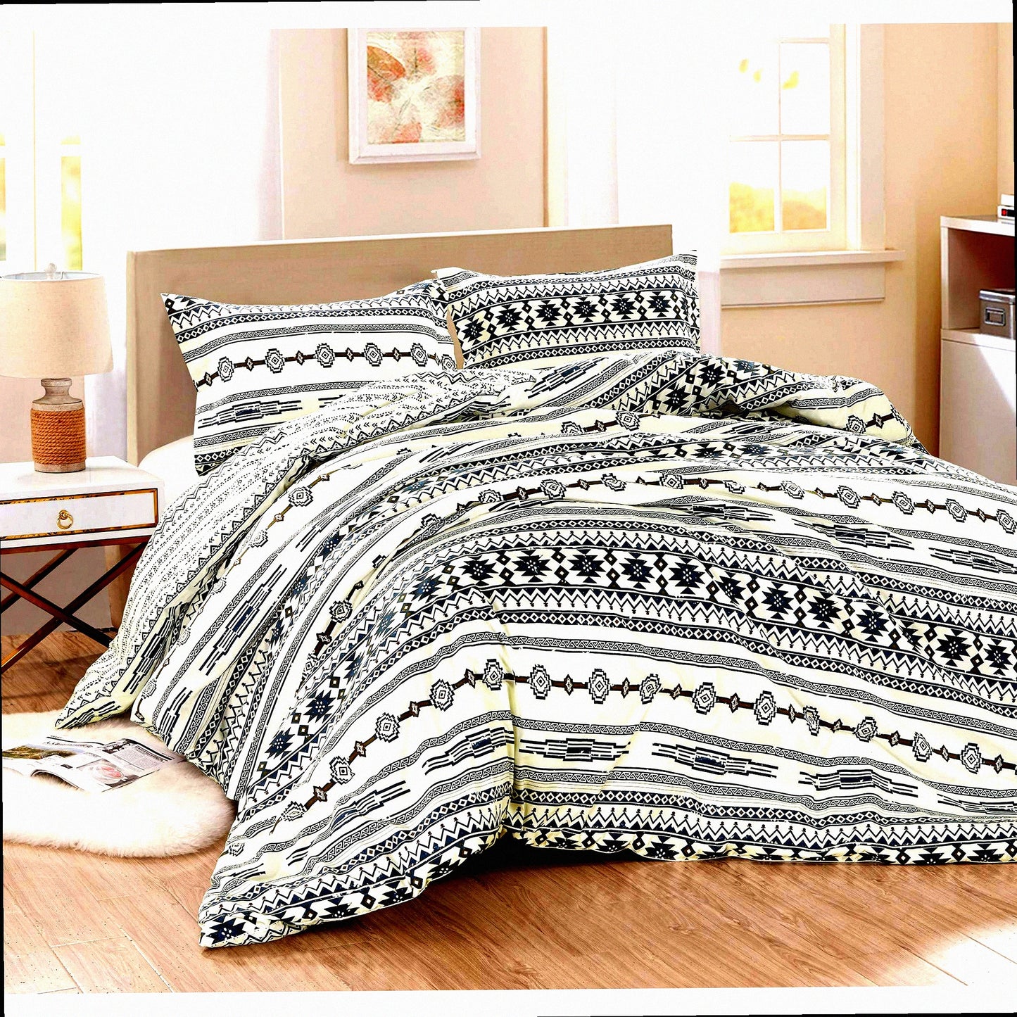 Tribal Lodge Oversized Comforter Set - Ivory Navy Brown Red Microfiber Reversible Bedding - Southwestern 3-Piece Size
