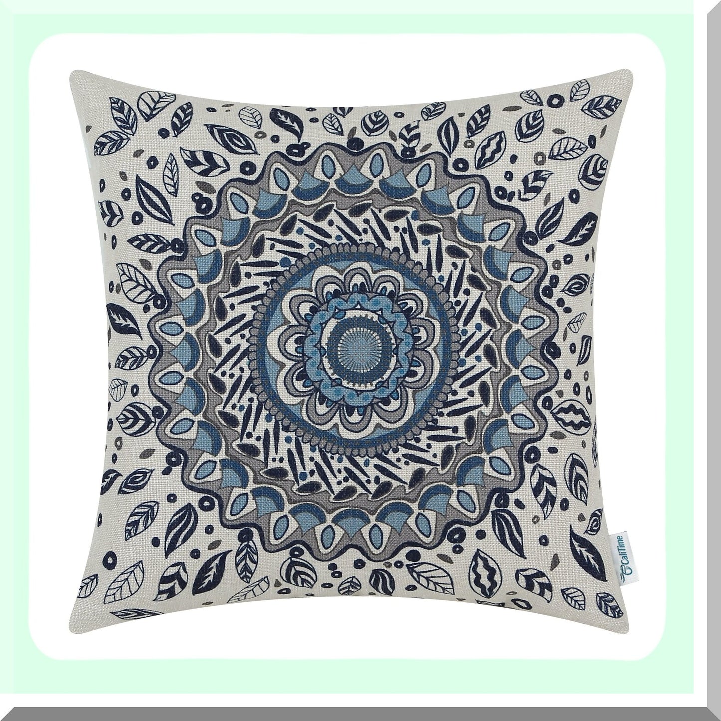 Floral Medallion Navy Blue Throw Pillow Cover - Couch Sofa Home Decor Case with Comp Leaves Design - 20 X 20 Inches - Decorative Canvas