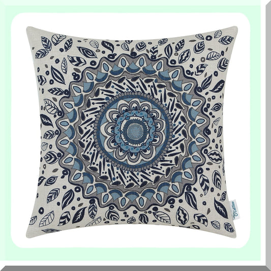 Floral Medallion Navy Blue Throw Pillow Cover - Couch Sofa Home Decor Case with Comp Leaves Design - 20 X 20 Inches - Decorative Canvas