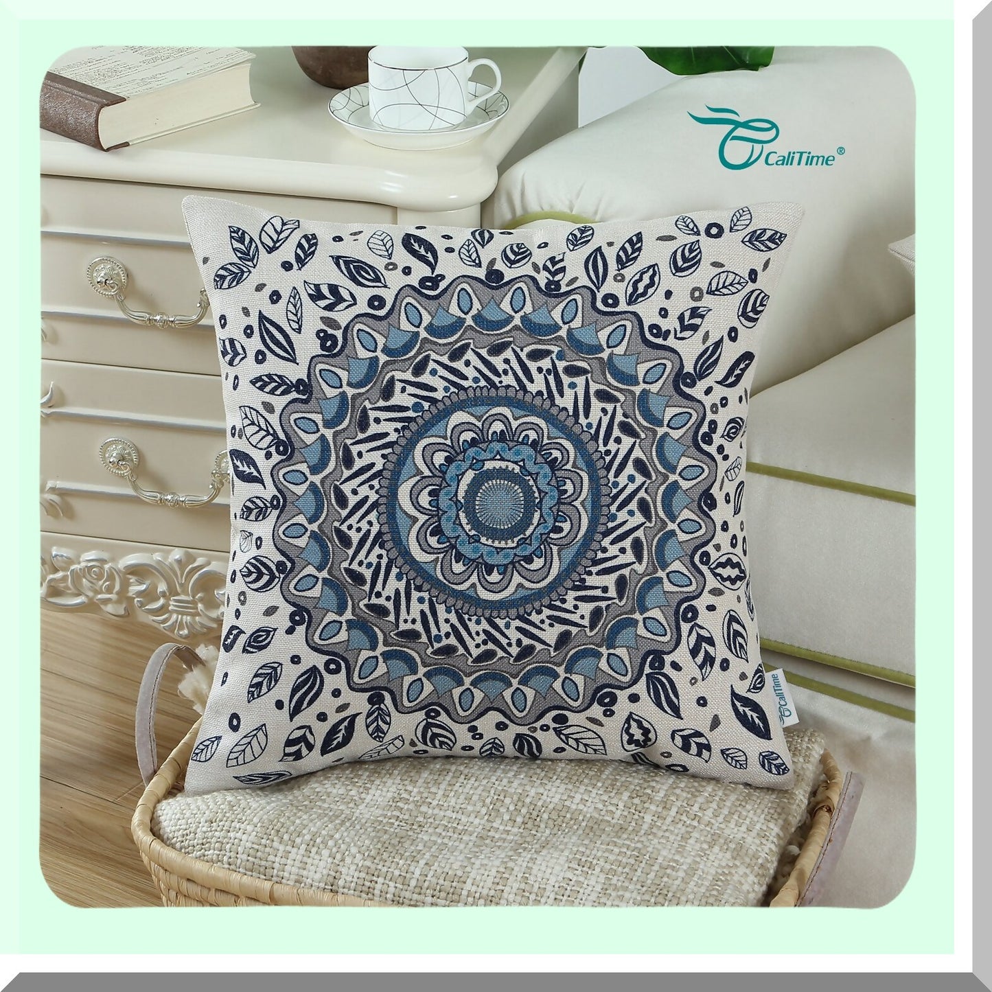 Floral Medallion Navy Blue Throw Pillow Cover - Couch Sofa Home Decor Case with Comp Leaves Design - 20 X 20 Inches - Decorative Canvas