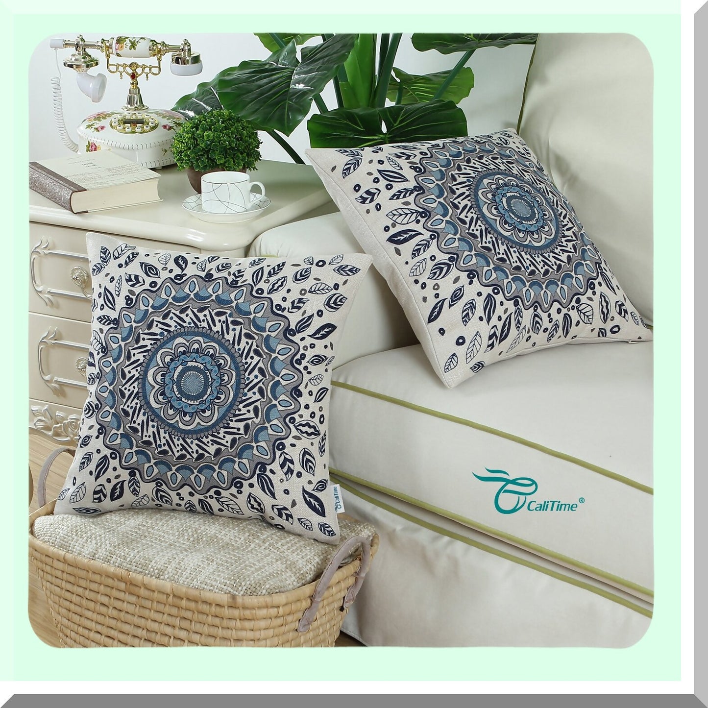 Floral Medallion Navy Blue Throw Pillow Cover - Couch Sofa Home Decor Case with Comp Leaves Design - 20 X 20 Inches - Decorative Canvas