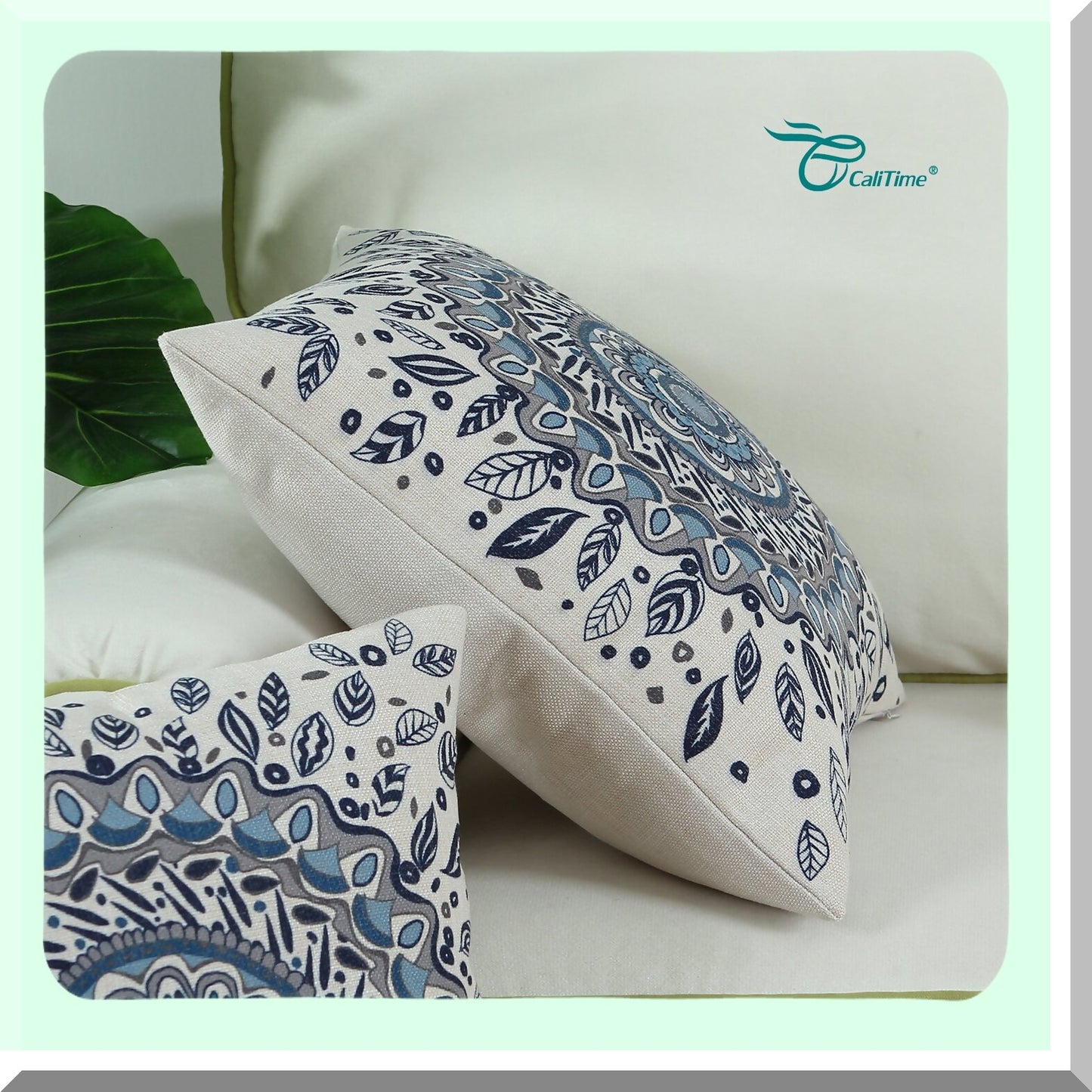 Floral Medallion Navy Blue Throw Pillow Cover - Couch Sofa Home Decor Case with Comp Leaves Design - 20 X 20 Inches - Decorative Canvas