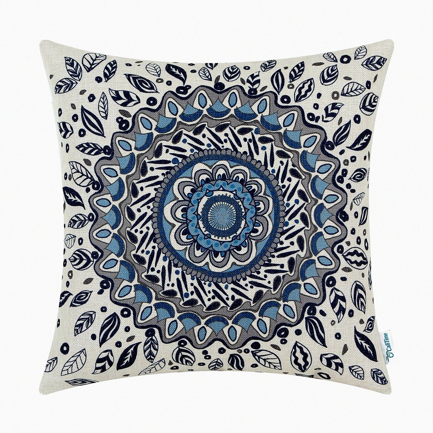 Floral Medallion Navy Blue Throw Pillow Cover - Couch Sofa Home Decor Case with Comp Leaves Design - 20 X 20 Inches - Decorative Canvas