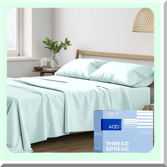 Cool Breeze Cotton Twin XL Sheet Set - Hotel Luxury 3 PCs for College Dorms - Deep Pockets, 400 TC Sateen Weave, Cooling Bedsheets for Hot Sleepers - Seafoam Green