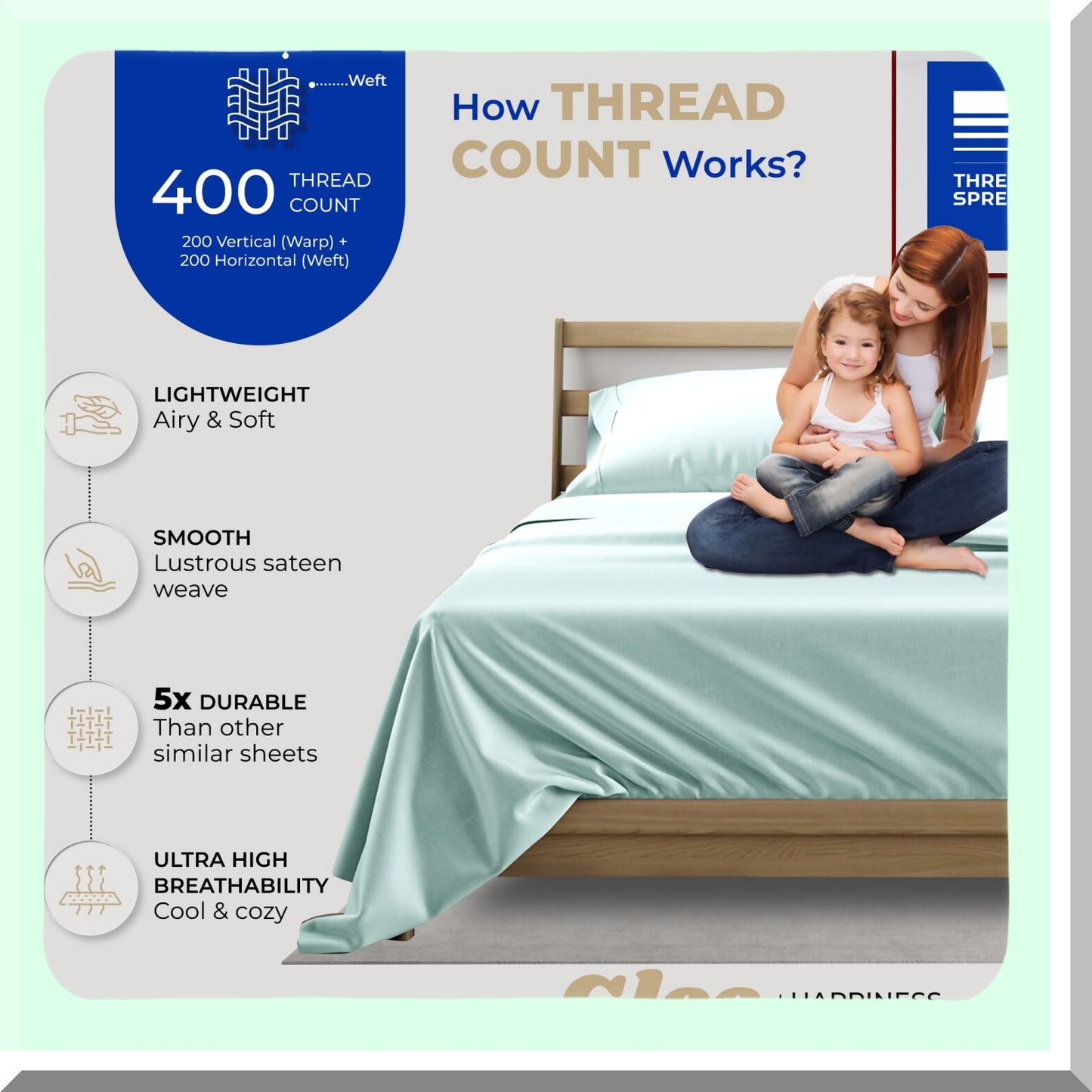 Cool Breeze Cotton Twin XL Sheet Set - Hotel Luxury 3 PCs for College Dorms - Deep Pockets, 400 TC Sateen Weave, Cooling Bedsheets for Hot Sleepers - Seafoam Green