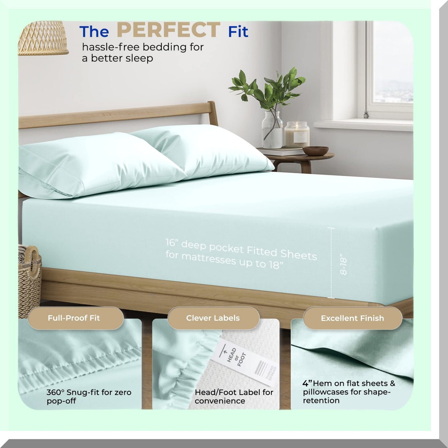 Cool Breeze Cotton Twin XL Sheet Set - Hotel Luxury 3 PCs for College Dorms - Deep Pockets, 400 TC Sateen Weave, Cooling Bedsheets for Hot Sleepers - Seafoam Green