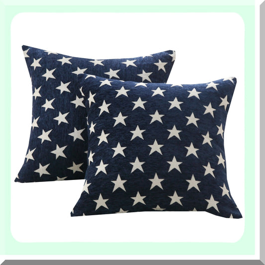 Patriotic Stars Chenille Throw Pillow Cover - Set of 2 | Geometric July 4th Accent Cushion Case for Couch Sofa Bed Car | 18x18 Inch Blue Square Sham