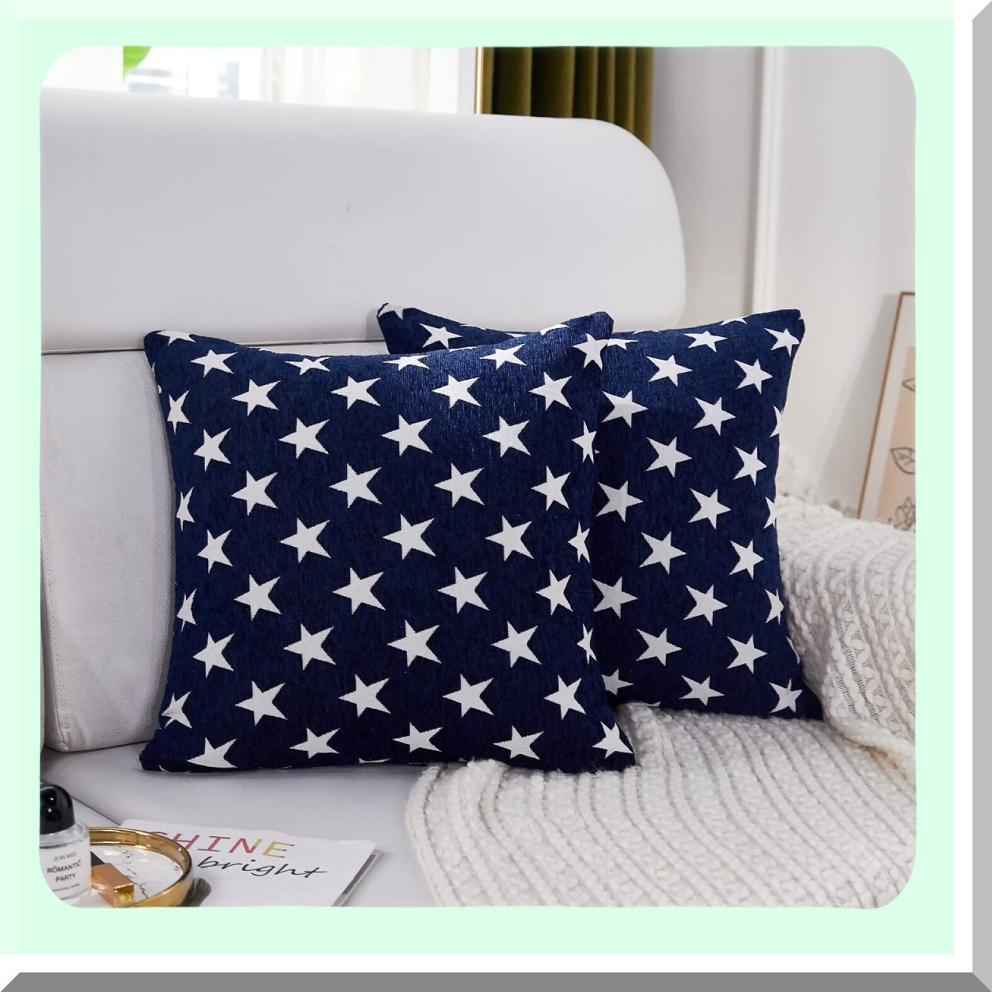 Patriotic Stars Chenille Throw Pillow Cover - Set of 2 | Geometric July 4th Accent Cushion Case for Couch Sofa Bed Car | 18x18 Inch Blue Square Sham