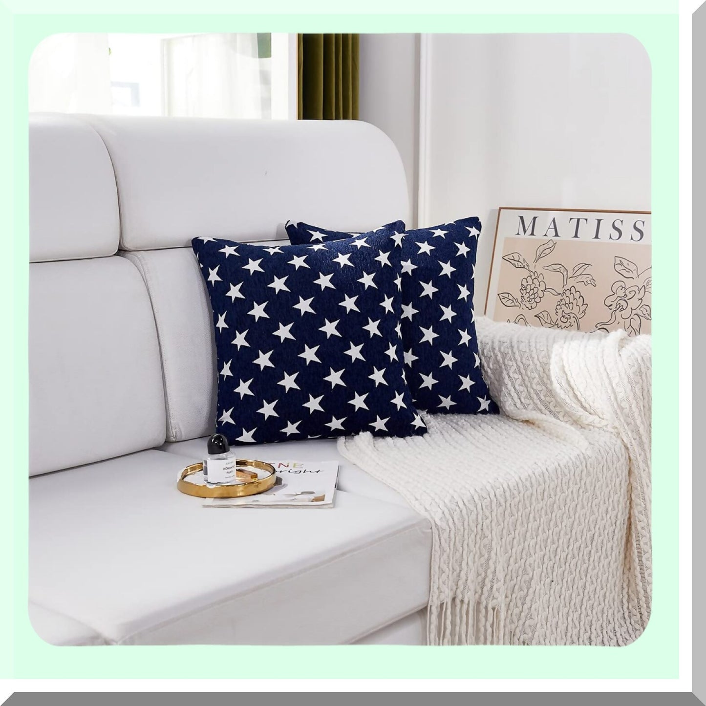 Patriotic Stars Chenille Throw Pillow Cover - Set of 2 | Geometric July 4th Accent Cushion Case for Couch Sofa Bed Car | 18x18 Inch Blue Square Sham
