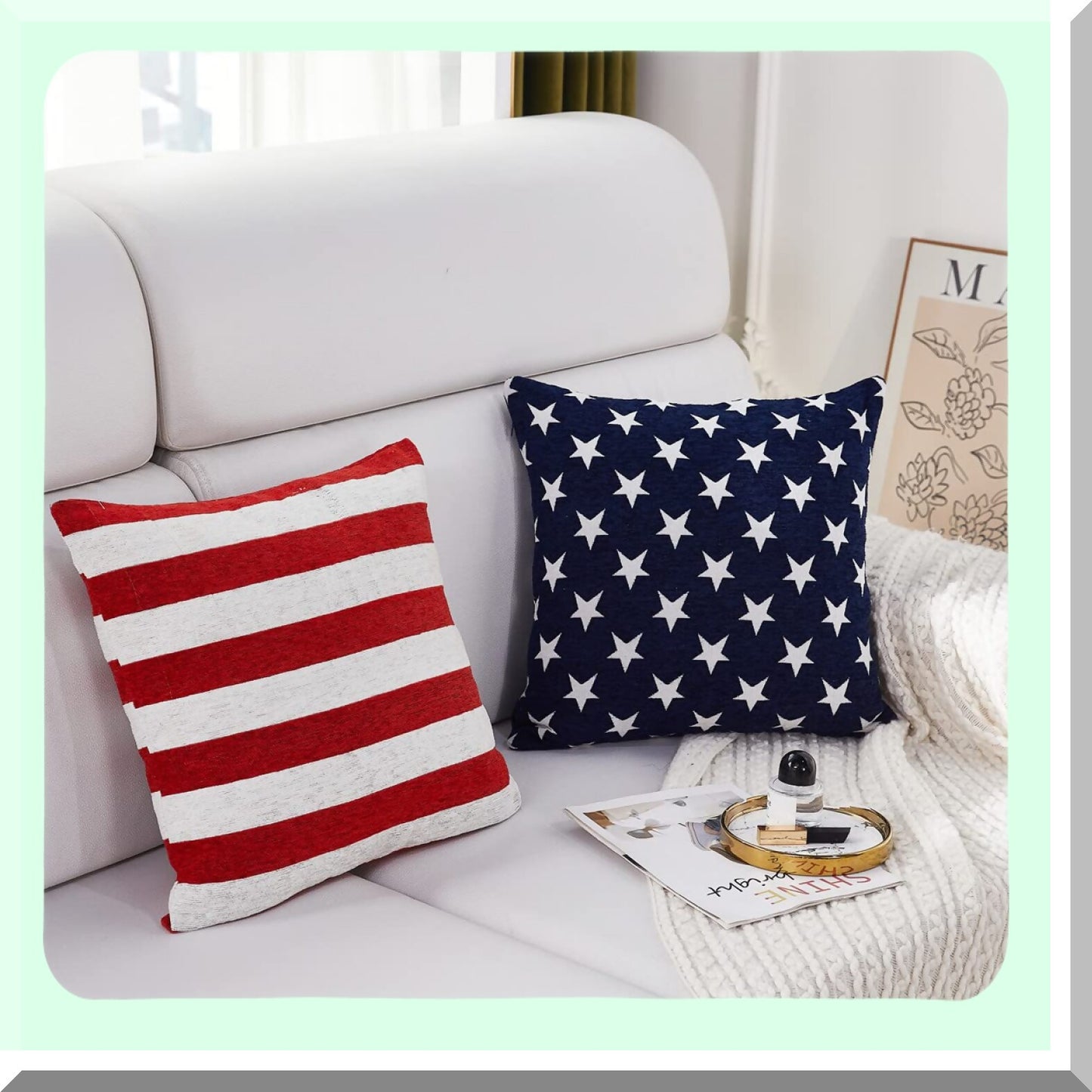 Patriotic Stars Chenille Throw Pillow Cover - Set of 2 | Geometric July 4th Accent Cushion Case for Couch Sofa Bed Car | 18x18 Inch Blue Square Sham