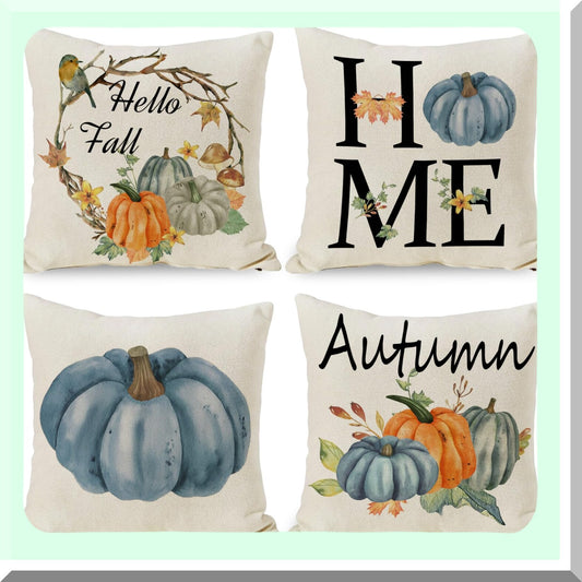 Blue Pumpkin Harvest Pillow Covers - Set of 4 | Fall Thanksgiving Decorative Cushion Cases for Home Sofa Outdoor | Autumn Throw Pillows 20x20 Inch