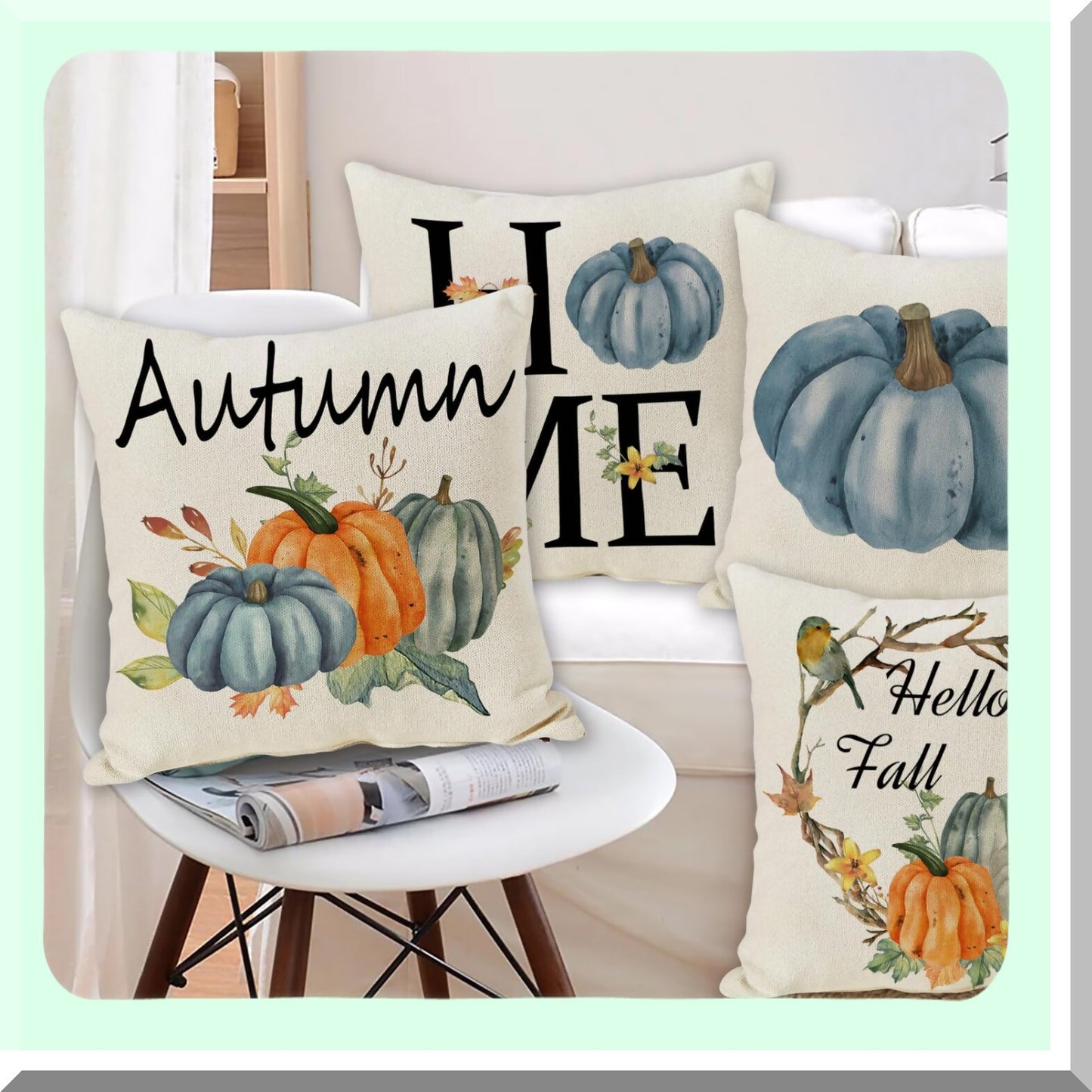 Blue Pumpkin Harvest Pillow Covers - Set of 4 | Fall Thanksgiving Decorative Cushion Cases for Home Sofa Outdoor | Autumn Throw Pillows 20x20 Inch
