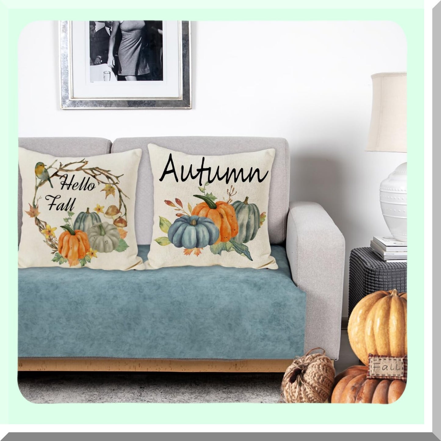 Blue Pumpkin Harvest Pillow Covers - Set of 4 | Fall Thanksgiving Decorative Cushion Cases for Home Sofa Outdoor | Autumn Throw Pillows 20x20 Inch