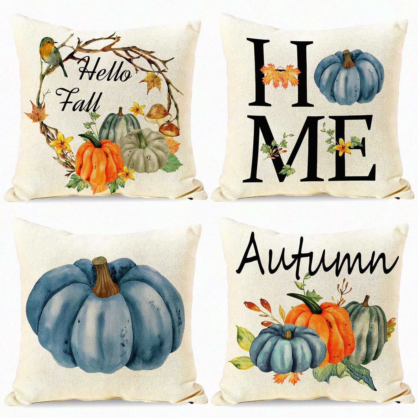 Blue Pumpkin Harvest Pillow Covers - Set of 4 | Fall Thanksgiving Decorative Cushion Cases for Home Sofa Outdoor | Autumn Throw Pillows 20x20 Inch
