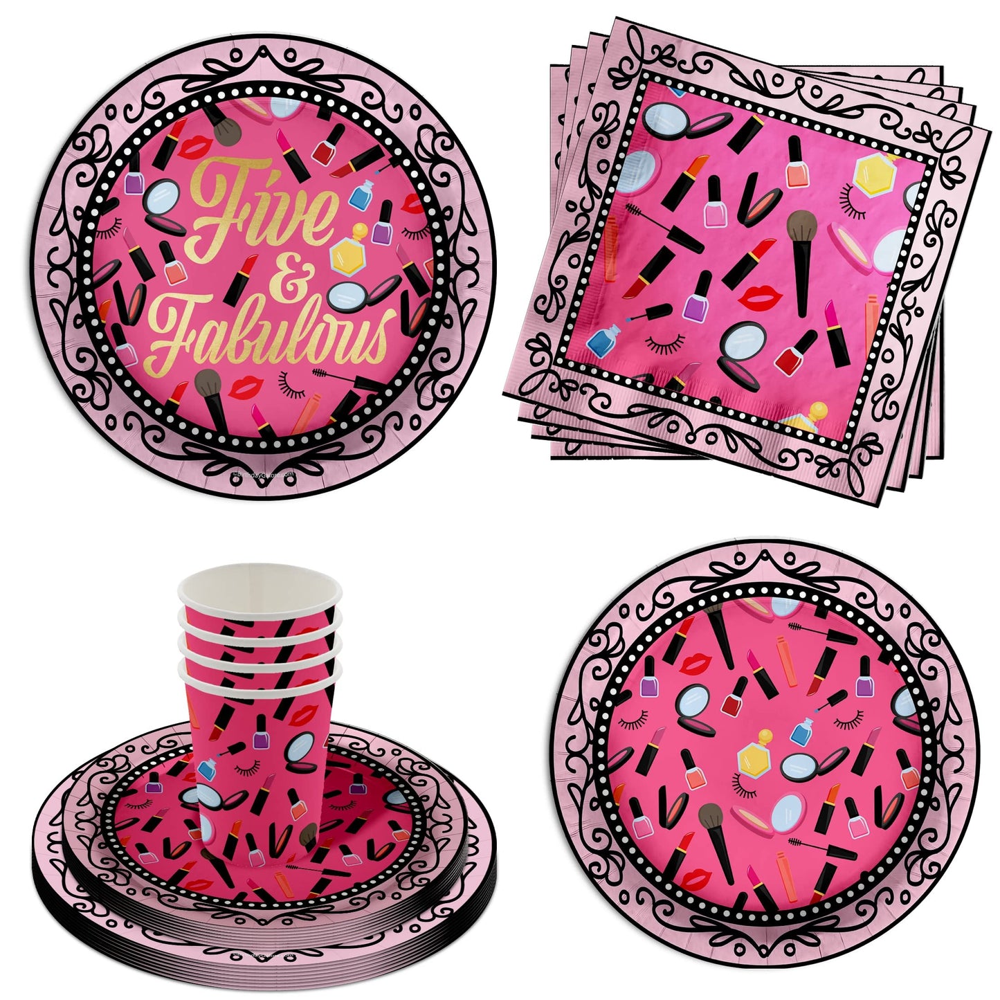 Glam Girl Party Pack - Complete Makeup Spa Tableware Set for 16 Guests - Plates, Napkins, Cups - Ideal for 5th Birthday Celebration!