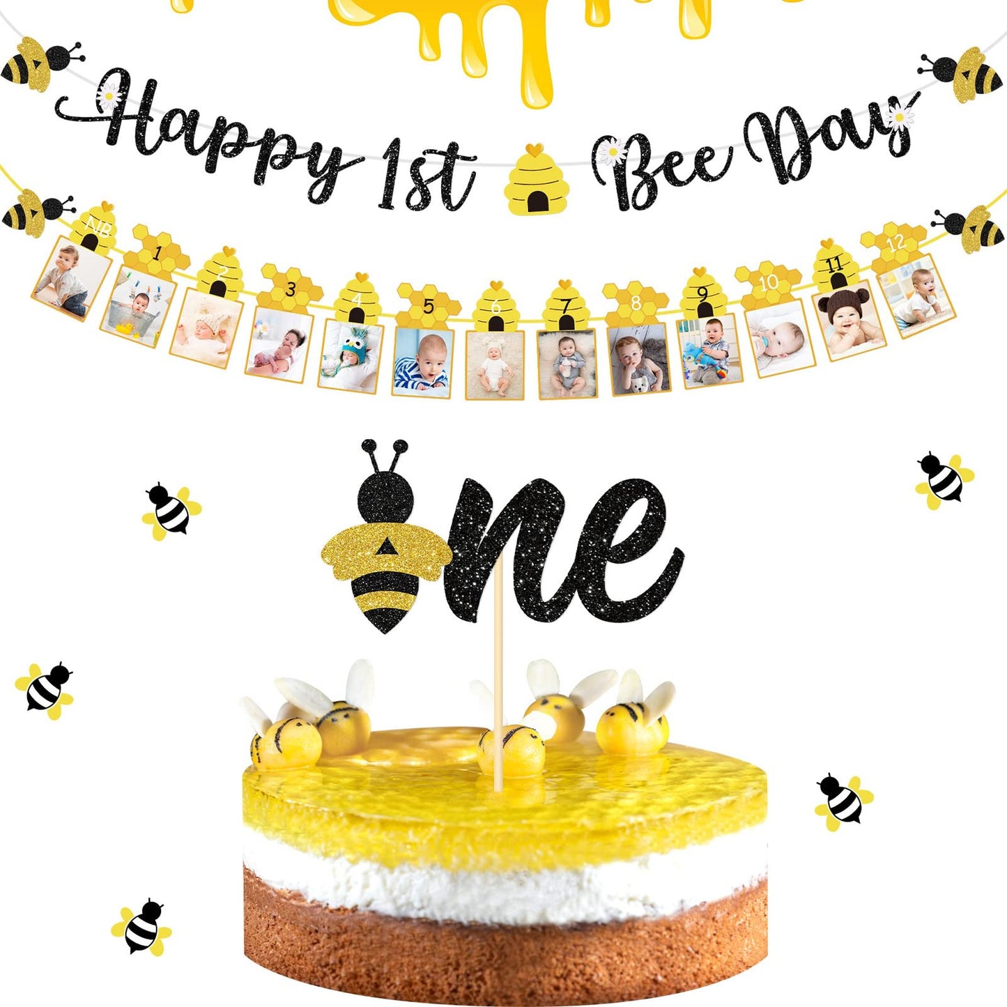 Bee Buzz 1st Birthday Party Set - Includes Photo Banner, Cake Topper, and Decorations for Boys and Girls - Bumble Honey Theme for a Happy Celebration