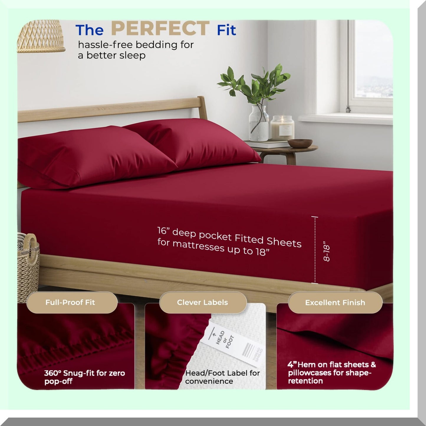 Cool Comfort Twin XL Sheet Set - 3 Piece Hotel Luxury Bedding for College Dorms & Hot Sleepers - Deep Pocket, Breathable 400 TC Cotton Bedsheets in Clic Burgundy