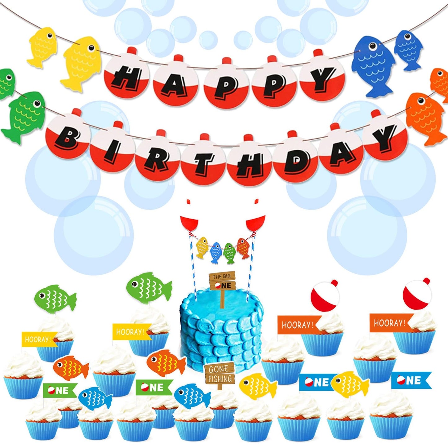 Fishing Fun Birthday Party Pack - Includes Happy Birthday Banner, The Big One Cake Topper, Little Fisherman Cupcake Toppers - Perfect for Boys' First Birthday Bash!