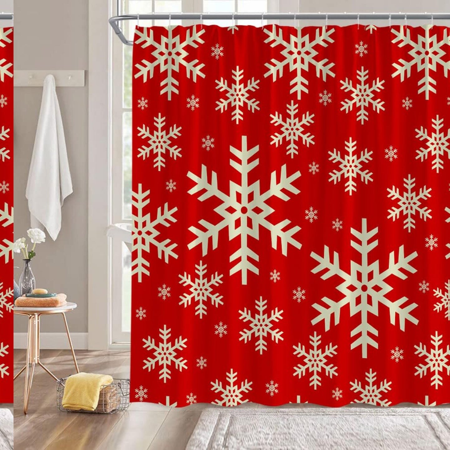 Snowflake Shower Curtain Red Gold 71x71 inches