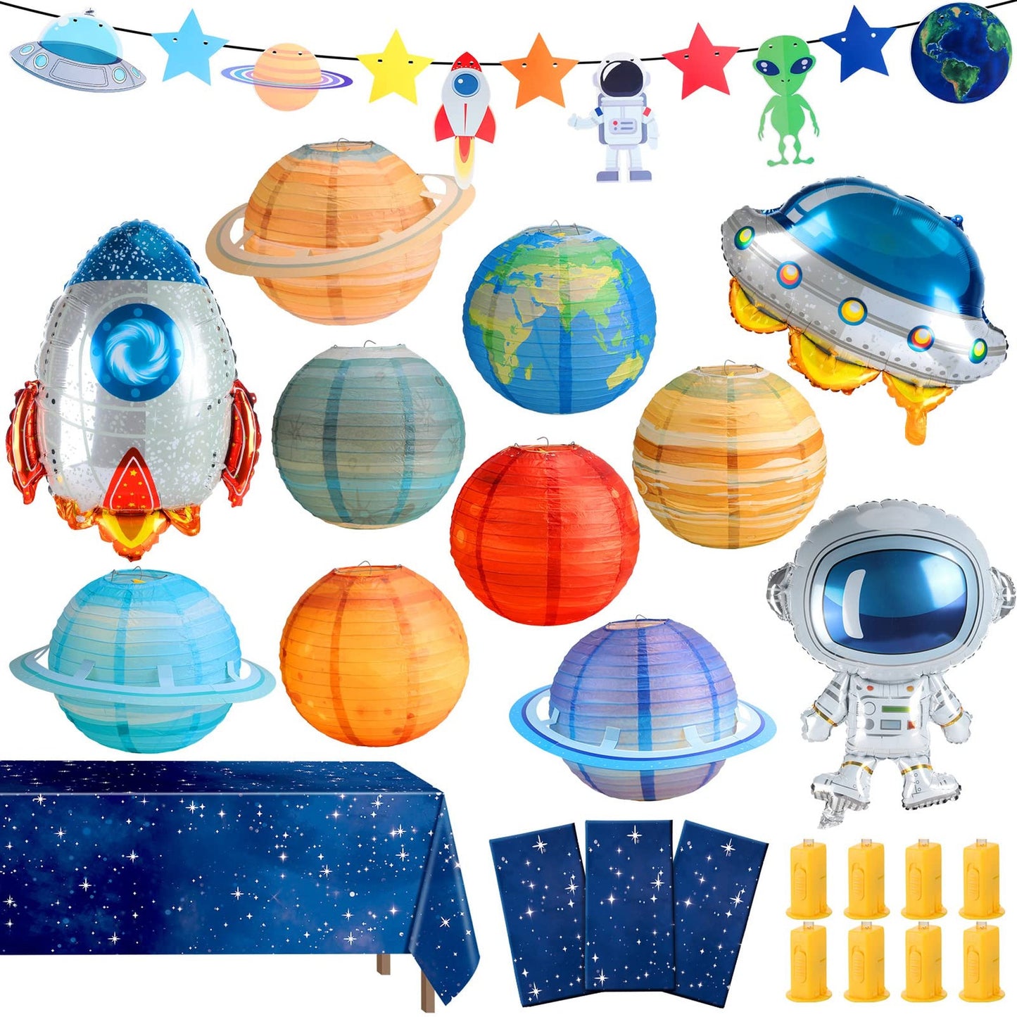 Galactic Party Pack: Planet Lanterns, LED Lights, Space Tablecloth, Garland, Astronaut, UFO, Rocket Balloon - Perfect for Solar System Theme Parties!