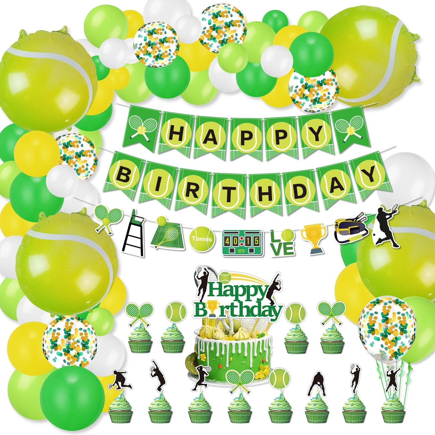 Tennis Bash Kit: Happy Birthday Banner, Balloons, Cupcake Toppers, Party Supplies for Men Women Kids Sports Theme Celebration with Tennis Balls