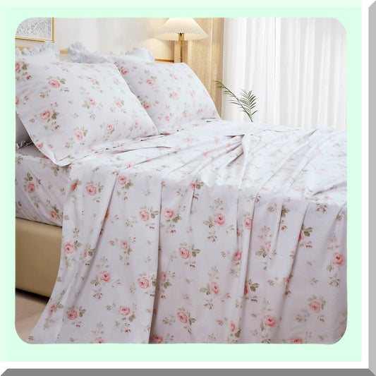 Rose Blossom Cotton Full Size Sheet Set - Shabby Chic Vintage Floral Bedding with Deep Pockets - Extra Soft & Breathable 4 Piece Bed Sheets