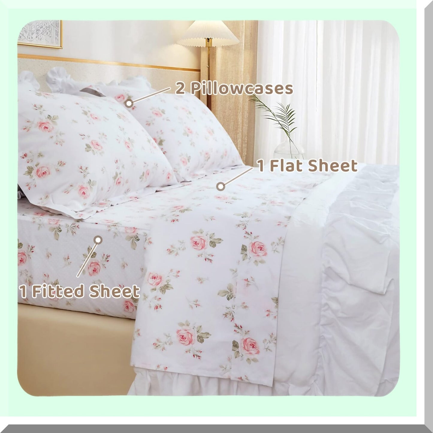 Rose Blossom Cotton Full Size Sheet Set - Shabby Chic Vintage Floral Bedding with Deep Pockets - Extra Soft & Breathable 4 Piece Bed Sheets