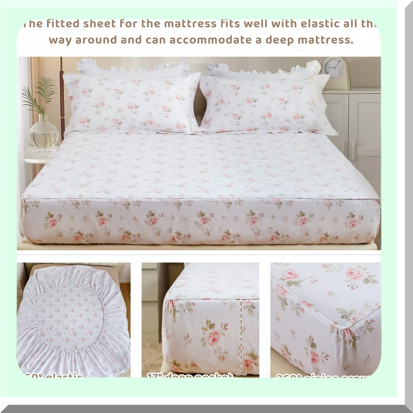 Rose Blossom Cotton Full Size Sheet Set - Shabby Chic Vintage Floral Bedding with Deep Pockets - Extra Soft & Breathable 4 Piece Bed Sheets