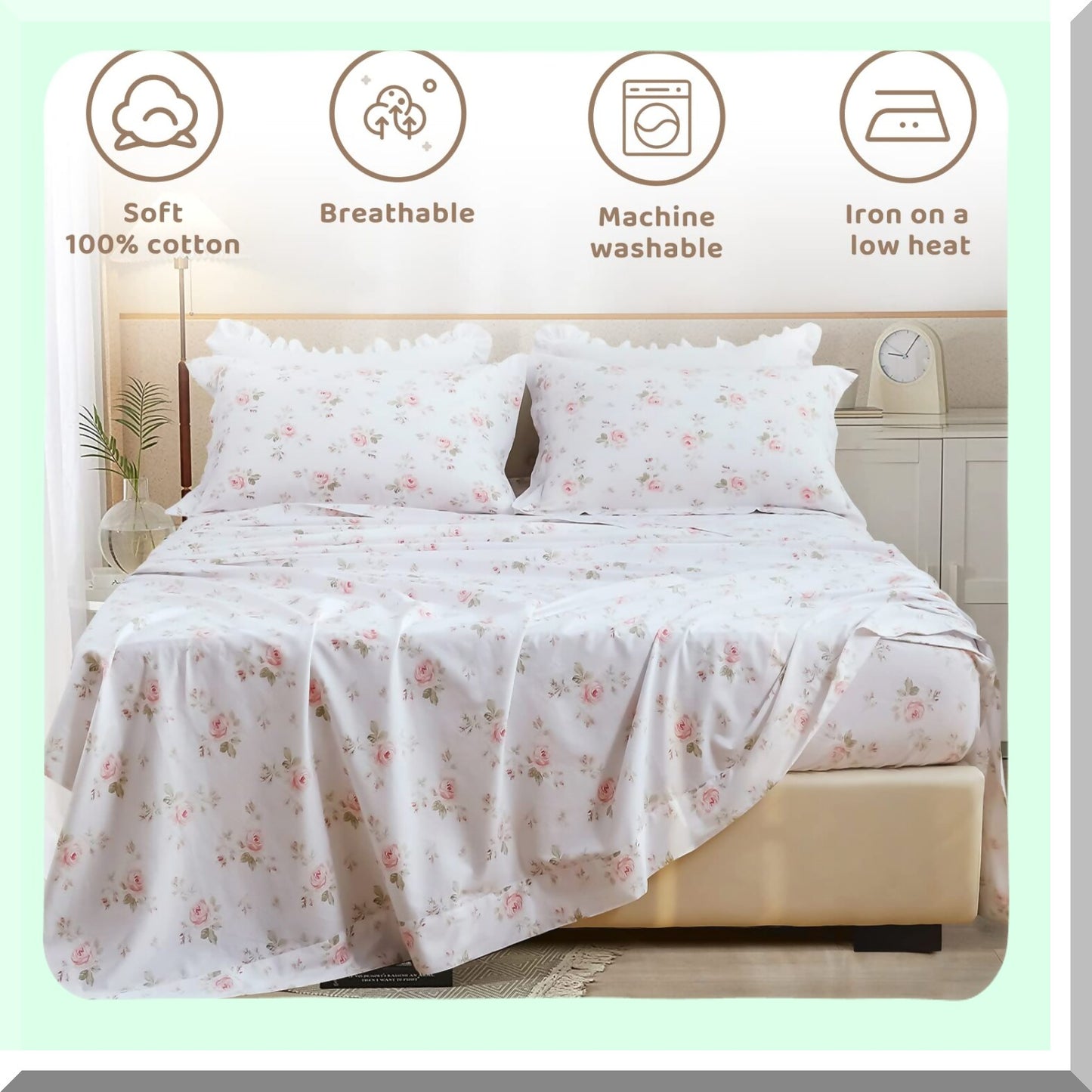 Rose Blossom Cotton Full Size Sheet Set - Shabby Chic Vintage Floral Bedding with Deep Pockets - Extra Soft & Breathable 4 Piece Bed Sheets