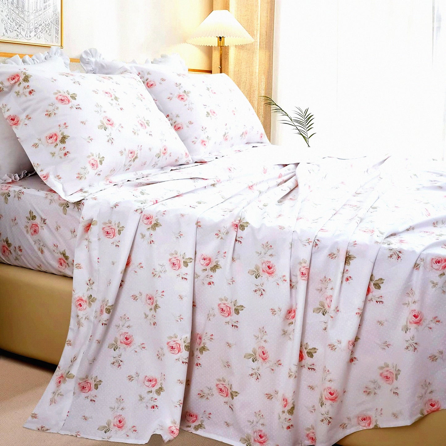 Rose Blossom Cotton Full Size Sheet Set - Shabby Chic Vintage Floral Bedding with Deep Pockets - Extra Soft & Breathable 4 Piece Bed Sheets