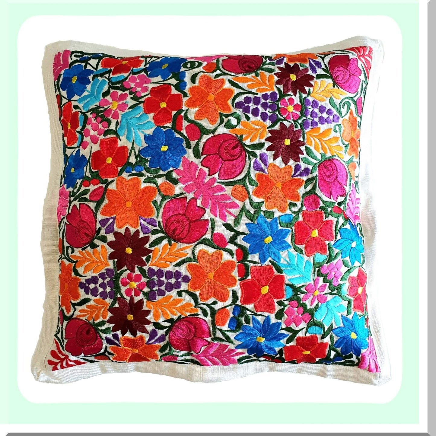 Chiapas Ivory Embroidered Pillowcase - Mexican Handcrafted Cushion Cover with Traditional Embroidery Design - Boho Chic Decor for Home Décor