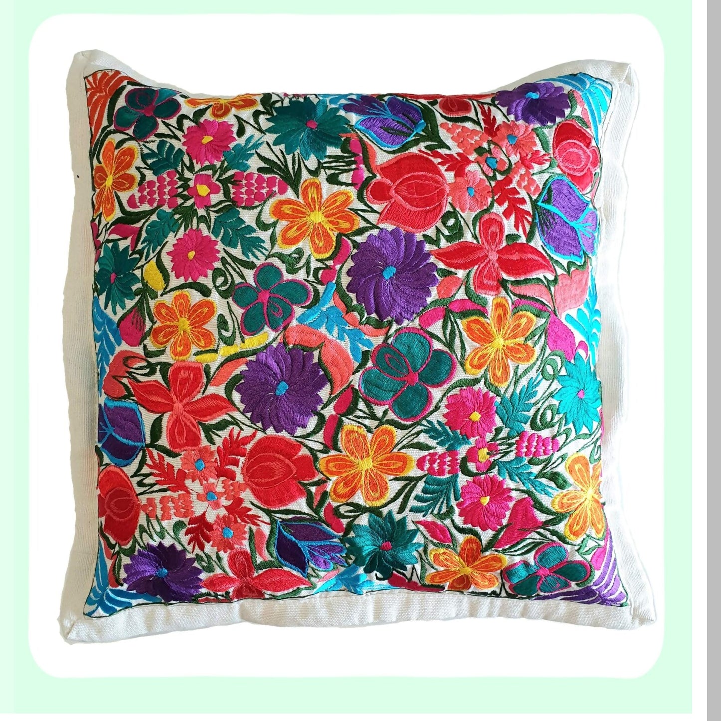 Chiapas Ivory Embroidered Pillowcase - Mexican Handcrafted Cushion Cover with Traditional Embroidery Design - Boho Chic Decor for Home Décor