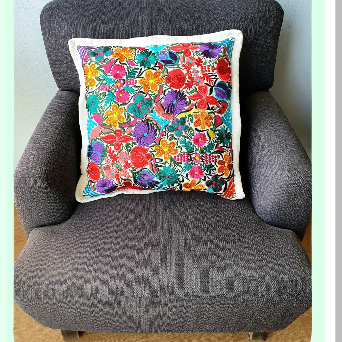 Chiapas Ivory Embroidered Pillowcase - Mexican Handcrafted Cushion Cover with Traditional Embroidery Design - Boho Chic Decor for Home Décor