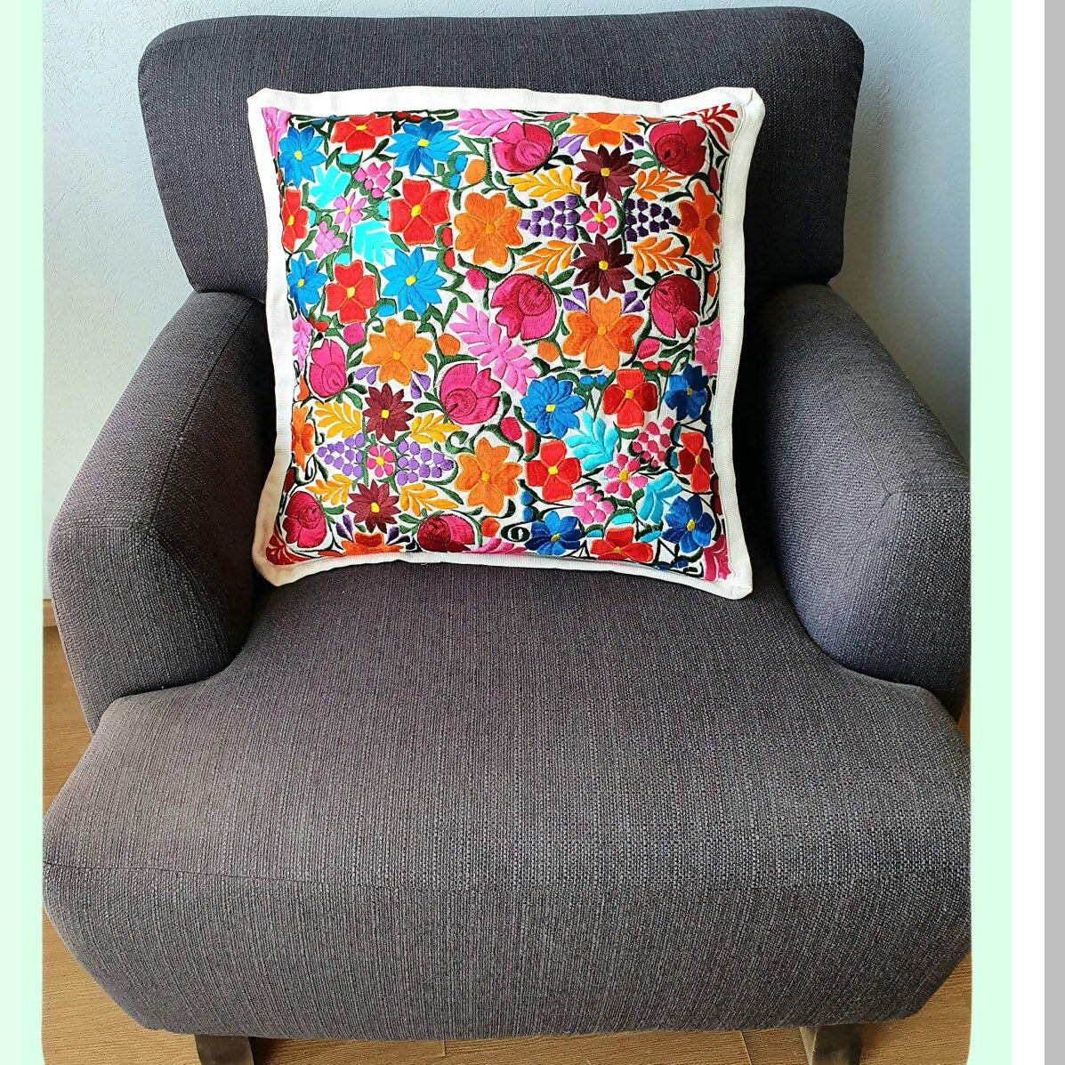 Chiapas Ivory Embroidered Pillowcase - Mexican Handcrafted Cushion Cover with Traditional Embroidery Design - Boho Chic Decor for Home Décor