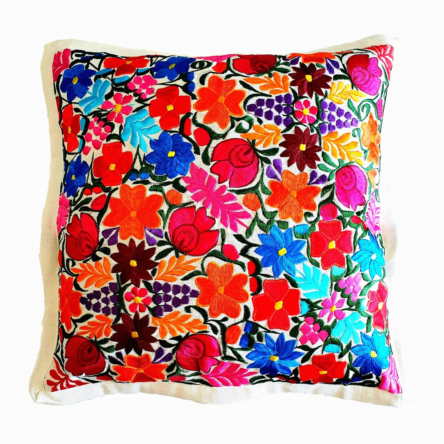 Chiapas Ivory Embroidered Pillowcase - Mexican Handcrafted Cushion Cover with Traditional Embroidery Design - Boho Chic Decor for Home Décor