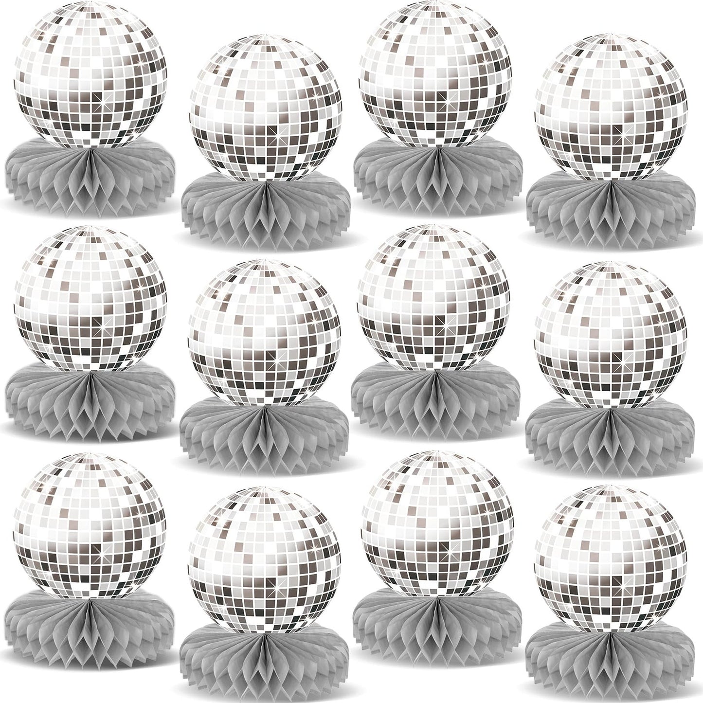 Disco Groove Honeycomb Centerpieces - Set of 12 | 70s Birthday Party Decorations, Table Toppers, Disco Ball Centerpieces | Silver Back To 70s Favors